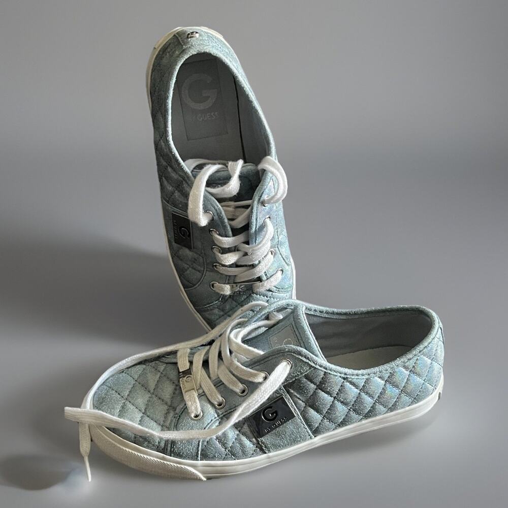 G By Guess GBacker2 Womens 8.5 Blue Iridescent Quilted Lace Up Sneakers